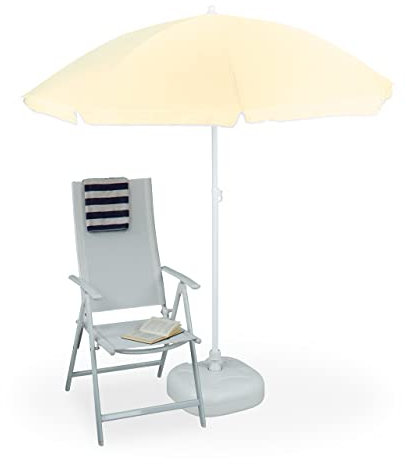 Relaxdays 2 TLG. Sonnenschirm Set, Sonnenschirm Ø 180 cm, höhenverstellbar, kippbar, Polyester, Sonnenschirmständer, hellgelb/weiß