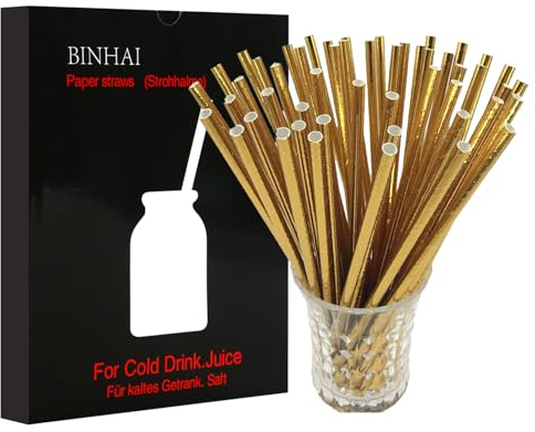 Binhai Gold Strohhalme,100 Stück, mit recycelter Verpackung, biologisch abbaubar, für jeden Tag, Party, Hochzeit, Feier, DIY, Mehrfarbig I