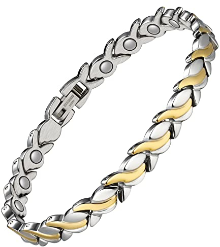 Jeracol Magnetic Bracelets for Women,Titanium Steel Ladies Magnetic Bracelets,Adjustable Wristband include sizing tool in Gift Box(Fish Tail Design-Silver Gold)