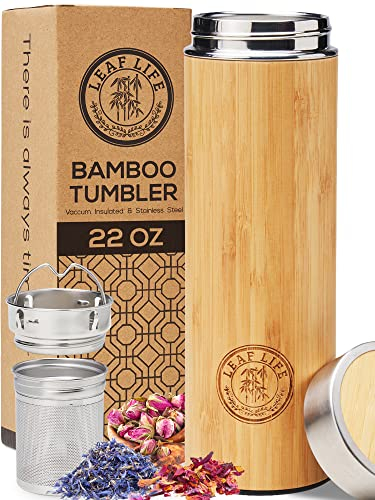 LeafLife Teeflasche mit Sieb to Go - 650ml Tea infuser aus Bambus - Teeflasche to go für Teeblätter & Kaffee - Hält für 12 Stunden Heiß & Kalt - Tee Geschenk - Mama Geschenk