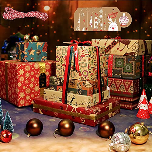 Geschenkpapier Weihnachten 10 Blatt 70x50CM Kraft Weihnachtspapier mit Geschenkanhänger und Packseil.