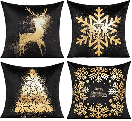 All Smiles Kissenbezug 4 Stück 45x45cm Weihnachten Samt schwarz golden Dekorative Kissenhülle draußen Dekokissen Sofakissen Zierkissenbezüge für Sofa Schlafzimmer Wohnzimmer Auto Zuhause Dekoration