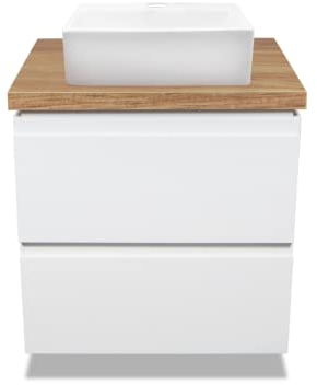 VBChome Badmöbel 60 cm Weiß Aufsatzwaschbecken mit Hahnloch 39x30 cm Aufsatzwaschtisch mit Waschbeckenunterschrank 2 Schubladen Badezimmerschrank Modern