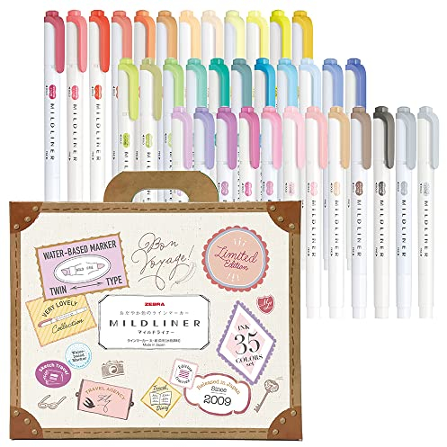 Zebra Mildliner WKT7-35C Textmarker, Set mit 35 Farben, Geschenkbox im Lieferumfang enthalten