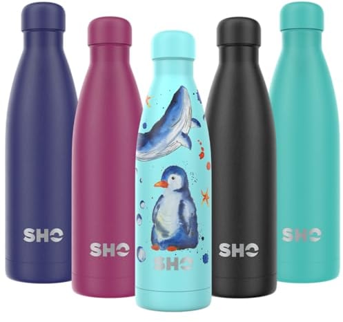 SHO Stainless Steel Water Bottle - Leakproof, BPA Free, No Sweat, Vacuum Insulated Double Walled Metal Flask - Original 2.0-12 Hours Hot 24 Hours Cold (500ml, Marine Medley)