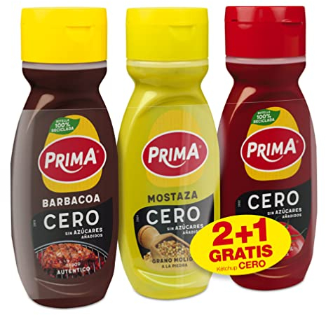 Prima Pack ahorro 2+1 Salsas Prima Cero sin azúcares añadidos 265Gr. BBQ, Mostaza + Kétchup gratis