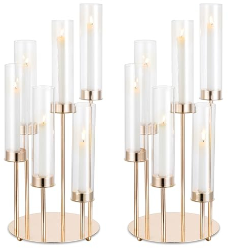 NUPTIO Gold Kerzenständer Kerzenhalter Glas: 2er Set 60cm Hoch 6 Armig Stabkerzen Stabkerzenhalter Glaszylinder für Kerzen Kerzenleuchter Metall Hochzeit Party Tisch Tafelaufsatz Dekor