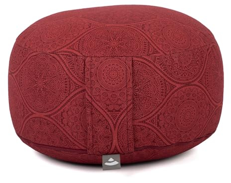 Bodhi Meditationskissen Rondo Ø 33 cm | Maharaja Collection | Yogakissen mit abnehmbarem und waschbarem Bezug aus 100% Baumwolle | Bodensitzkissen mit Kapok-Füllung | Mayuri/dunkelrot