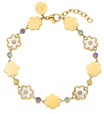 Purelei® Blüten-Armband Mit Bunten Zirkoniasteinen, Wasserfest Aus Edelstahl, Verstellbar 16-19 cm (Gold)