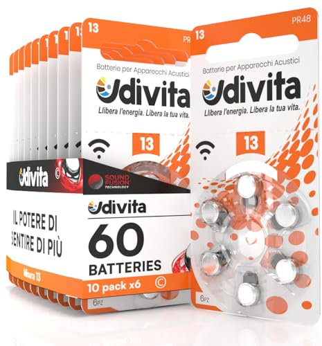 60 Batterie per Apparecchi Acustici Auricolari Udivita Misura 13 PR48 con Tecnologia Phono Pulse - 10 Blister da 6 Pile