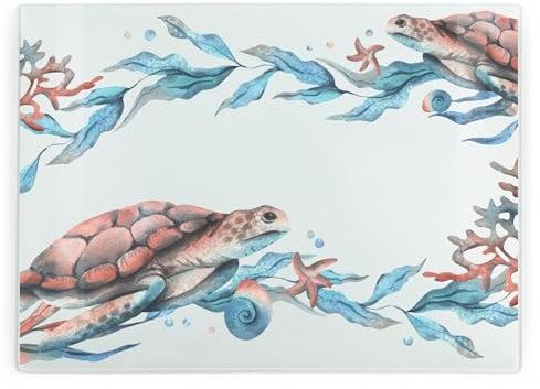 Sea Turtle Rectangular Glass Worktop Protector - Marine Life Aquatic Animals Gift - Smooth Kitchen Chopping/Cutting Board Worktop Saver with Non-Slip Feet 39cm x 28.5cm (15 x 11)