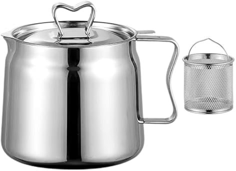 Engrasador con colador y tapa, tarro de filtro de aceite de acero inoxidable - Cesta de malla fina, colador de aceite de gran capacidad y almacenamiento - Freidora con asa, jarra de grasa para una