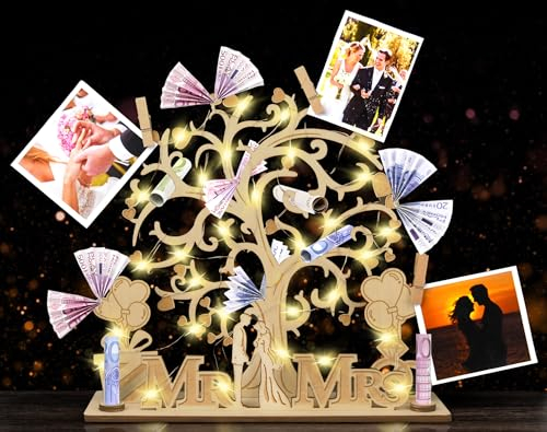Johiux LED Geldgeschenk Hochzeit,Personalisierte Hochzeitsgeschenke für Brautpaar,Geldbaum Geldgeschenke für Brautpaar,Hochzeitsgeschenk Geld,Holz Mr & Mrs Geld Geschenk