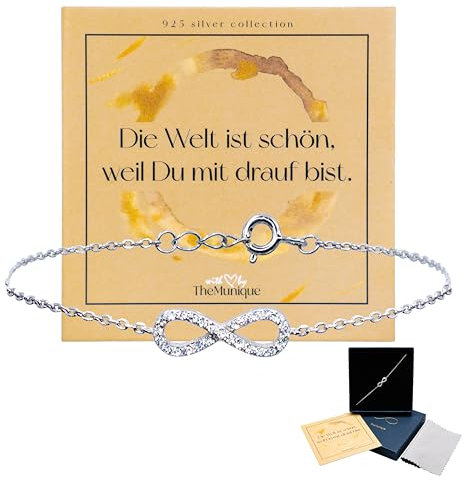 TheMunique Infinity Armband 925 Sterling Silber, persönliches Geschenkset für Frauen: Elegantes, Zirkonia besetztes Schmuckstück mit Etui, Silberputztuch und Karte mit Botschaft