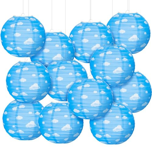 Papierlaternen mit blauem Himmel, weiße Wolken, 25,4 cm, blaue Party-Dekorationen, hängende runde Papierlaternen, Wolken, Themenparty-Dekorationen für Geburtstag, Heimdekoration, 12 Stück