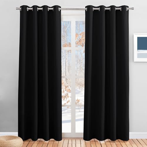 PONY DANCE Blackout Eyelet Curtains, Black, 2 Panels, 52 x 90 Inch | Thermal Insulated 90 Inch Long Curtains for Living Room, Room Darkening, Energy Saving, Privacy, Super Soft Drapes