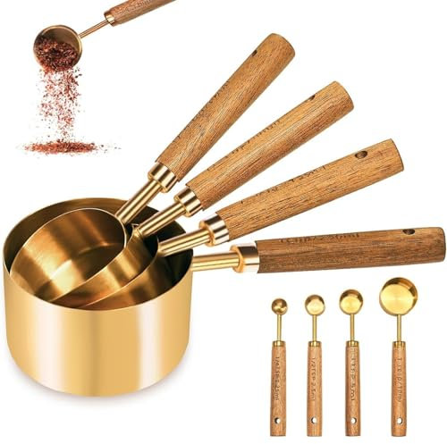 8PCS Stainless Steel Measuring Spoons and Cups Set, Gold Measuring Cups with Wooden Handle for Cooking Baking Kitchen