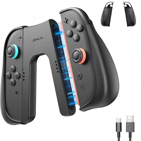 JSAUX Rutschfester Ergonomischer Ladegriff für Switch 2 JoyPads | Spielen beim Laden, Rutschfester Ergonomischer Griff, Magnetischer Halt, PC+ABS, Rot/Grün-LED-Status, 1,5-m-Ladekabel