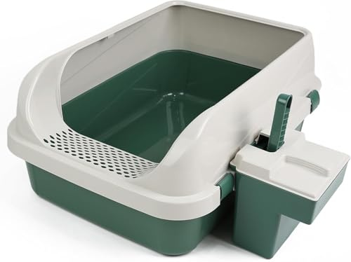 PRADICHI Cats Litter Tray Box with Scoop | Open Top Plastic Cat Litter Box with Detachable Rim | Large Cat Litter Tray Easy to Clean | 57.2 x 41.5 x 24.3 cm (Green)