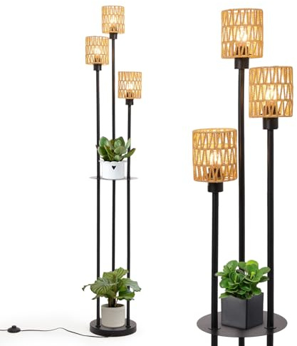 INMOZATA Floor Lamp, 3 Heads Floor Lamp with Shelves, Standing Lamp with Rattan Lampshade, Modern Tall Floor Lamps for Living Room Bedroom Office