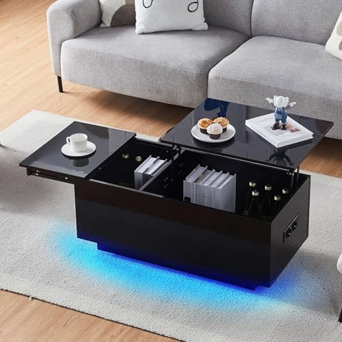 CLIPOP Couchtisch höhenverstellbar, Hochglanz, LED und Steckdose, Schwarz | LED Beleuchtung, Steckdose und USB, einstellbare Lichtfarben, verstecktes Staufach, Wohnzimmertisch/Beistelltisch