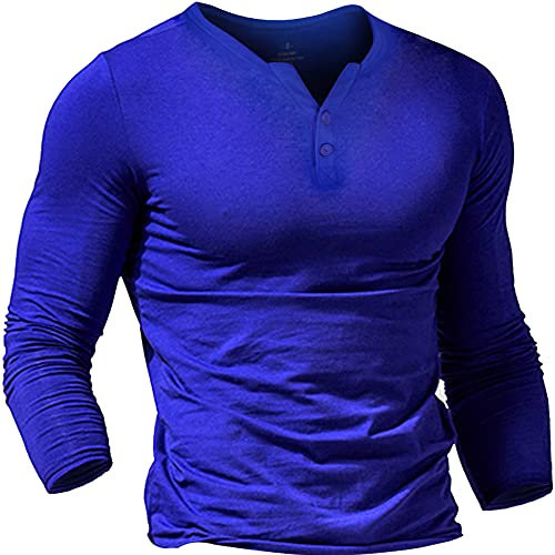 Mens Long Sleeve Henleys T-Shirts Buttons Placket Plain v Neck Cotton Shirts Cotton Style B Blue L