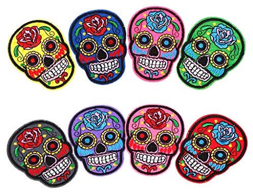 (8 pcs) Iron On Sew Sugar Skull Candy Mexico Patch Badge Day Of Dead Motif Appliques, Suitable for Clothing Decor DIY Crafts