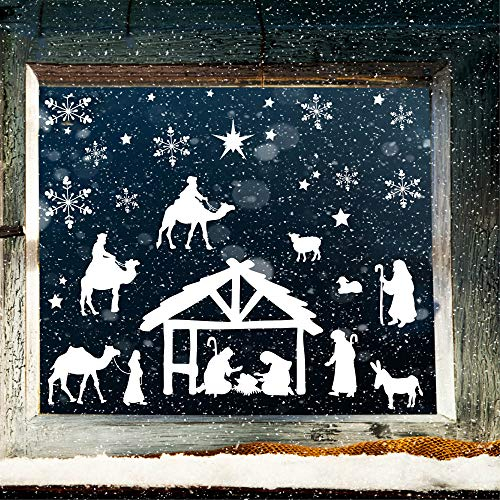 Wandtattoo Loft Fensterbild Weihnachten Weihnachtskrippe Fensteraufkleber Kinder Fensterdeko weiß Schneeflocken Sterne / 2. DIN A3 Bogen