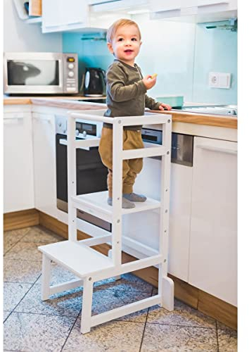 Fillikid Kinder Lernturm | Entdeckertum mitwachsend aus Buchenholz | Lerntower Montessori Lernstuhl ab ca. 1 Jahr | Küchenhelfer höhenverstellbar, extrem kippsicher weiß