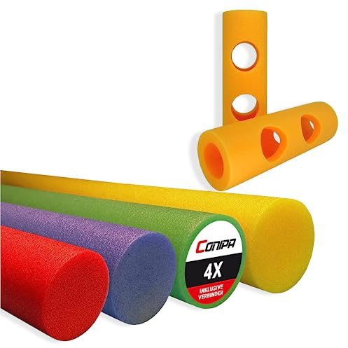 Conipa® - 4 Stück Schwimmnudel (160 x 7 cm) Kinder & Erwachsene INKL. 6 x Loch-VERBINDER (Schaumstoff) - Poolnudel Set ab 3-10 Jahre (Made IN Europe) - Pool Wassernudel (Rot + Blau + Grün + Gelb)