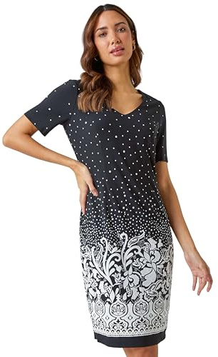 Roman Originals Textured Border Print Shift Dress for Women UK - Ladies Everyday Holiday Spring Summer V Neckline Short Sleeves Comfy Soft Evening Vacation Work Party - Black - Size 12