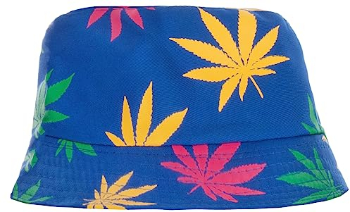 Brandsseller Sonnenhut Cannabis Design Fischerhut Sommerhut Travel Cap 100% Baumwolle Blau-Bunt