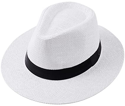 EPTIC Sombreros de playa de verano para hombre, sombrero de paja de ala ancha, sombrero de Panamá, sombrero plegable de viaje, Blanco, talla única