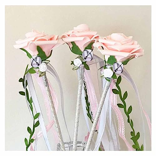 SHTGOI 5 Stück Wedding Wands Rose Hochzeitsbänder Zauberstäbe mit Baum-Rebe und Glocken Spitze Stäbe Glücksstäbe Seidenfeenstab Ribbon Feenstäbe für Hochzeit Weihnachten Geburtstag Party Rosa