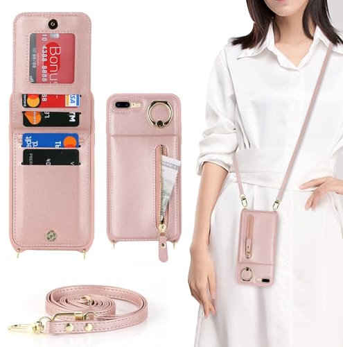 Zouzt for iPhone 7 Plus/iPhone 8 Plus 5.5 Inch Case with Cord and Card Holde, Zipper Wallet Case with Crossbody Lanyard Ring Adjustable Necklace Protective Cover Women - Rose Gold