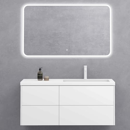 doporro Badmöbel-Set Unterschrank matt weiß 120cm Waschbecken LED-Spiegel | Wandhängendes Badmöbel-Set mit Mineralguss-Waschbecken, LED-Spiegel & Soft-Close – modern & pflegeleicht Moment