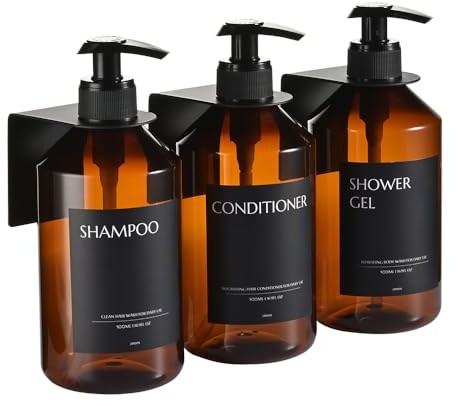 Janxin 3 Stück Seifenspender Wandbefestigung,500ml Shampoo Flaschen zum Befüllen, Duschgel Spender,Seifenspender Set Ohne Bohren for Kitchen and Bathroom (Braune Flasche + schwarzer Kopf)