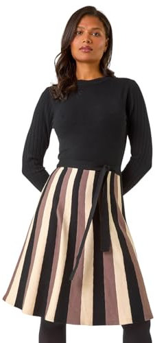 Roman Ribbed Jumper Dress for Women UK with Contrast Panelled Skirt Ladies Everyday Autumn Winter High Neckline Comfy Soft Evening Vacation Work Party Night Out - Taupe - Size 14