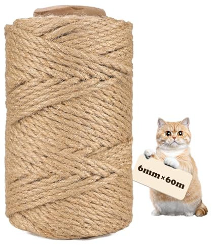 heuchaey Cuerda de Sisal Natural para Gatos, Cuerda de Yute 6 mm x 60 m, Cuerda rascador para Gatos, Cuerda Manualidades, Cuerda Natural de sisal para decoración, Bricolaje, Cordel Arbol Gatos