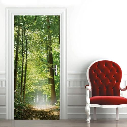Adesivi per Porte Interne 90 x 210 Foresta Adesivo Porta Albero Verde 3D Pellicola Adesiva Carta da Parati Soggiorno Bagno Autoadesivo Porta Murale Decorazione M5081