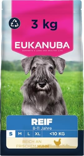 Eukanuba Hundefutter Trocken mit frischem Huhn für kleine Rassen, Premium Trockenfutter für reife Hunde, 3 kg
