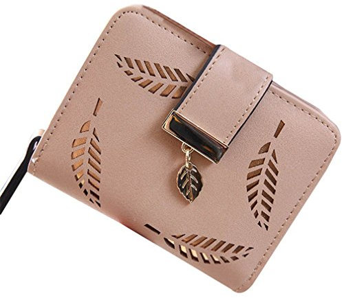 Damen Süß Leder Geldbörse, TMEOG Damen Blatt Bifold Brieftasche Leder Hollow Card Holder Geldbörse Clutch Handtasche (S_Beige)