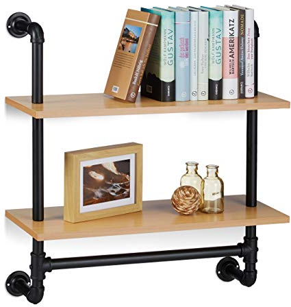 Relaxdays Wandregal Industrie, 2 Ablagen, Wandmontage Bücherregal, Holz, Vintage, Retro-Look, HBT: 68,5x60x24 cm, natur, 1 Stück