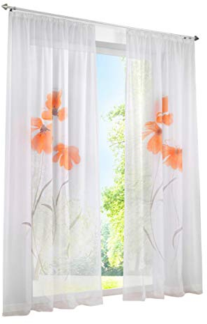BAILEY JO 1er-Pack Gardine Floral Gardinen Schlaufen mit Blumen Druck Transparent Voile Vorhang (BxH 150x245cm, Orange mit Kräuselband)
