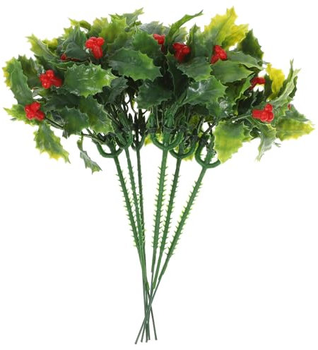 Holibanna 12pcs Artificial Christmas Bush Artificial Holly Leaves and Berries Christmas Flowers Leaves for Christmas Decoration Gardening Bouquet Home Decor