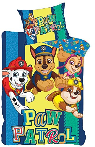 BrandMac ApS Paw Patrol Bettwäsche/Kinderbettwäsche - Paw Patrol Schriftzug - 100 % Baumwolle - Decke: 100 x 135 cm, Kissen: 40 x 60 cm - 3 Stück Set