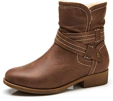 VJH confort Damen Halbschaft Stiefel, Fell Gefütterte Runde Zehenpartie Niedriger Absatz Kreuzgurte Slouchy Booties mit Reißverschluss, Braun, 37.5 EU