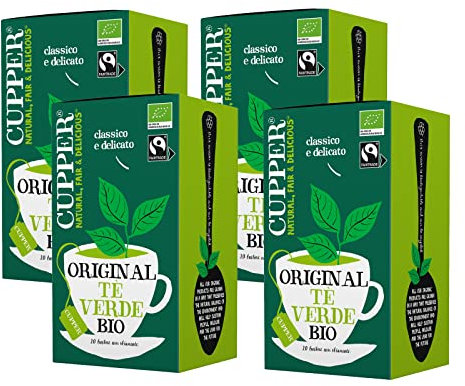 CUPPER Tè Verde Biologico Fairtrade, Gusto Delicato e Raffinato, Tè Verde da Agricoltura Biologica, Filtri 100% Biodegradabili, 4 Confezioni da 20 bustine di tè, Totale 80 bustine