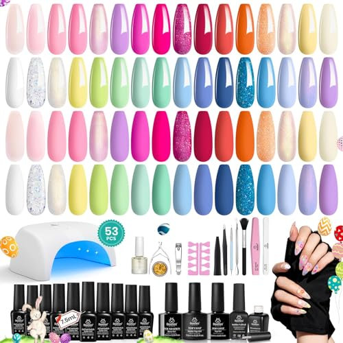 Beetles 52 Pcs Gel Polish Kit with UV LED Light, 32 Colors Glitter Set, Base Top Coat, 36W Dryer, Building Blomming Gel, Nail Art