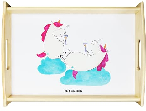 Mr. & Mrs. Panda Tablett Einhorn Sekt - Geschenk, Unicorn, aus Holz, Freundin, serviertablett, Bett-Tablett, Einhörner, BFF, Spaß, betttablett